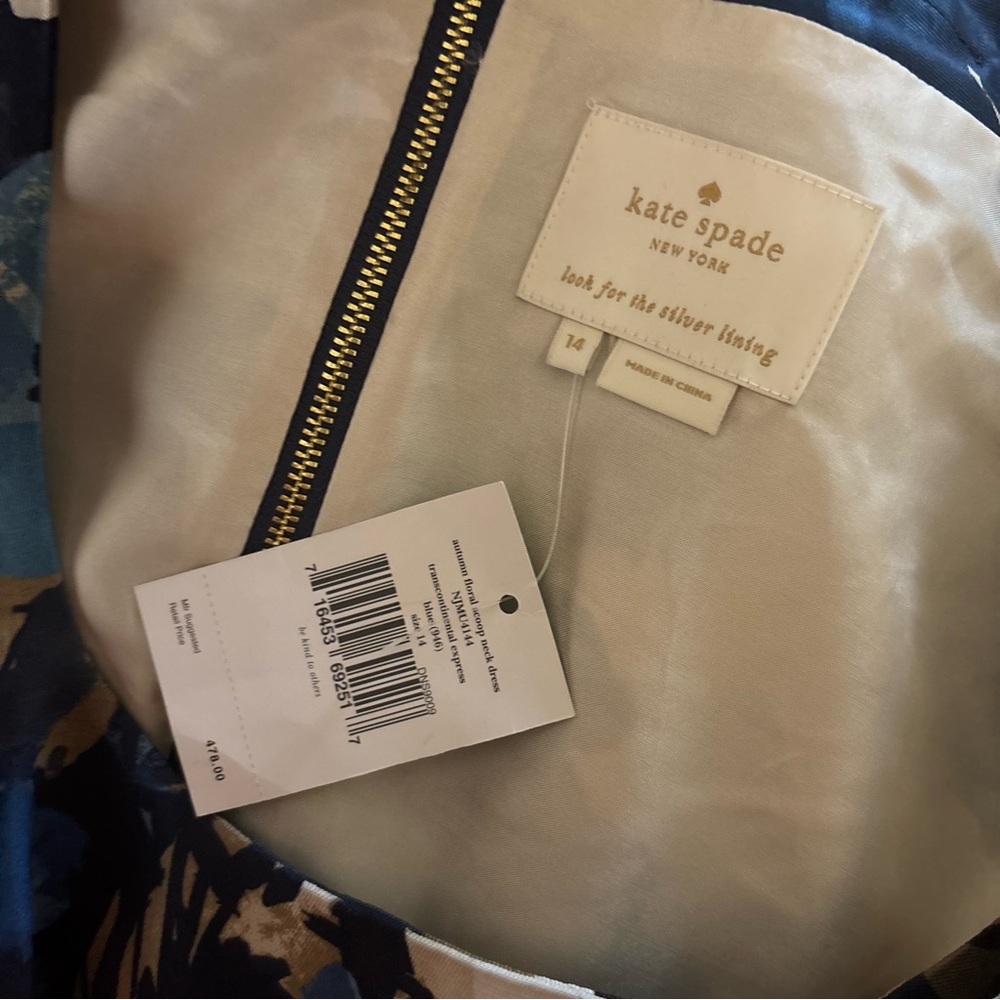 NWT! $478 Kate Spade Autumn Floral Scoop Neck Dress Blue Women’s Size 12 - Picture 6 of 8